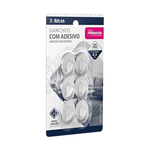 GANCHO ADESIVO PLASTICO BRANCO 6 PECAS 05kg - PRIMAFER