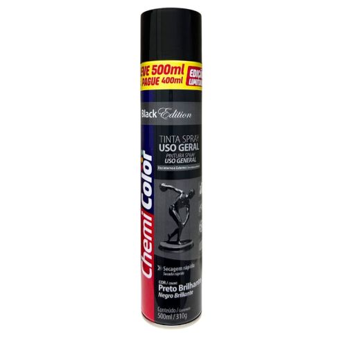 TINTA SPRAY UG PRETO BRILHANTE LEVE 500ml PAGUE 400ml - CHEMICOLOR